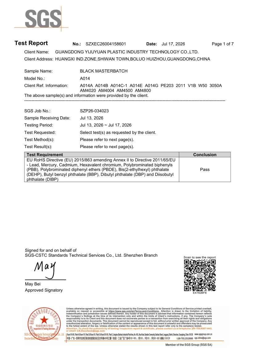 SGS ROHS test report for black masterbatch grade A014, report SZXEC26004158601