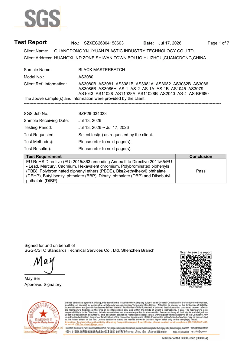 SGS ROHS test report for black masterbatch grade AS3080, report SZXEC26004158603