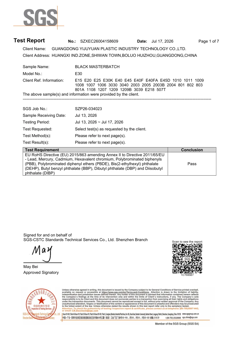 SGS ROHS test report for black masterbatch grade E30, report SZXEC26004158609