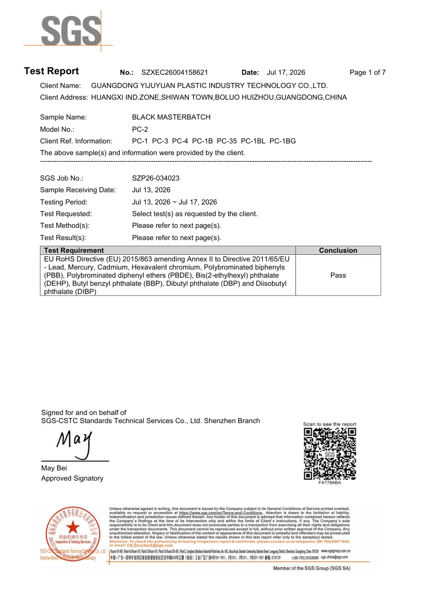 SGS ROHS test report for black masterbatch grade PC-2, report SZXEC26004158621
