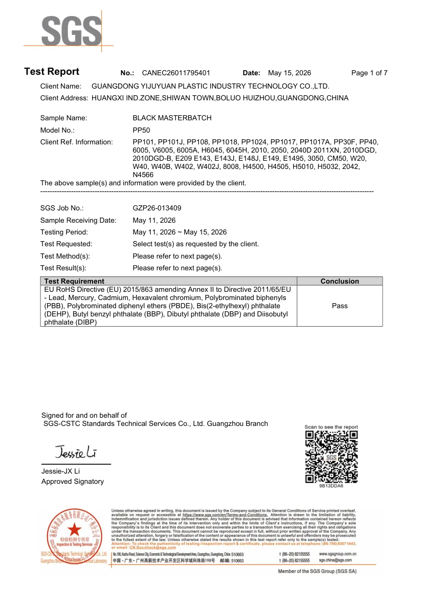 SGS ROHS test report for black masterbatch grade PP50, report CANEC26011795401