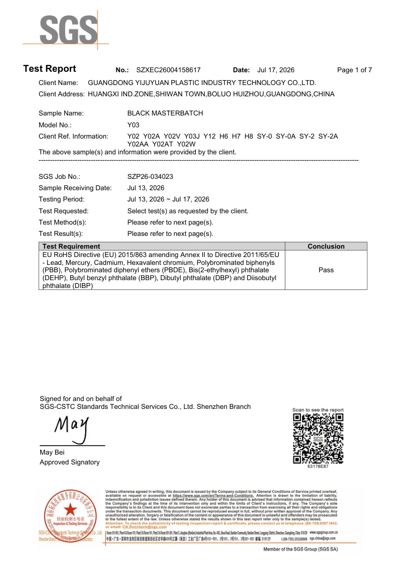 SGS ROHS test report for black masterbatch grade Y03, report SZXEC26004158617